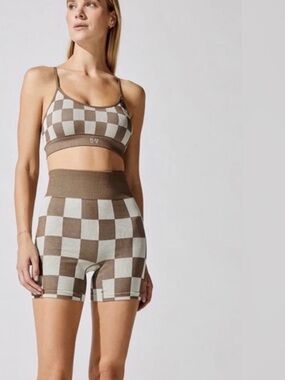 Carbon38 Brown and Cream Checkerboard Athletic Bike Shorts